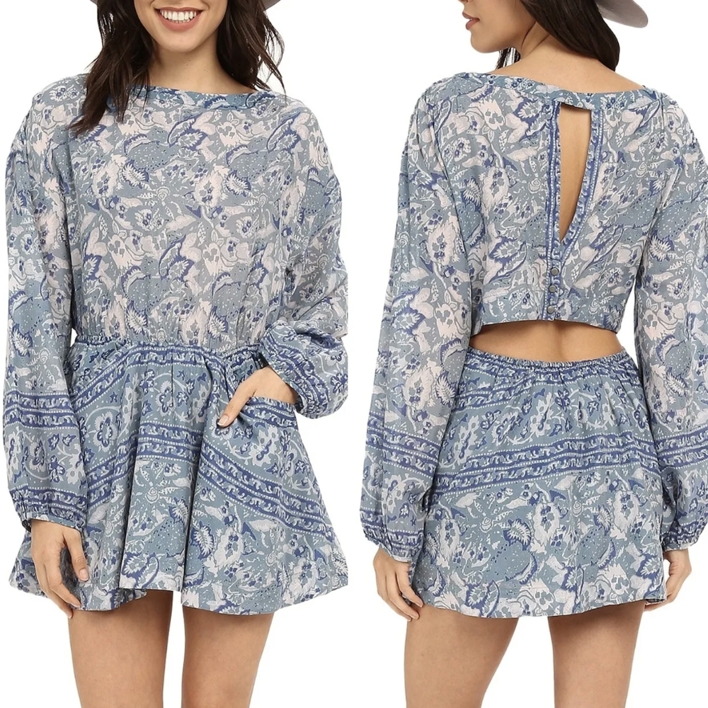 Free People Blue Floral Chic Sun Dress Boho Beach Open Back Pockets Medium NWOT